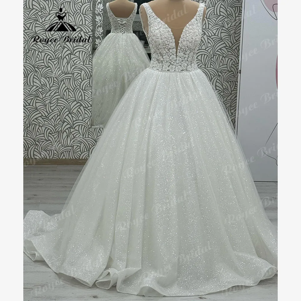 Luxury Plunging V Neck Lace Shiny Glitter Sleeveless Wedding Dress Women 2025 Bridal Ball Gown vestidos de novia Customized 