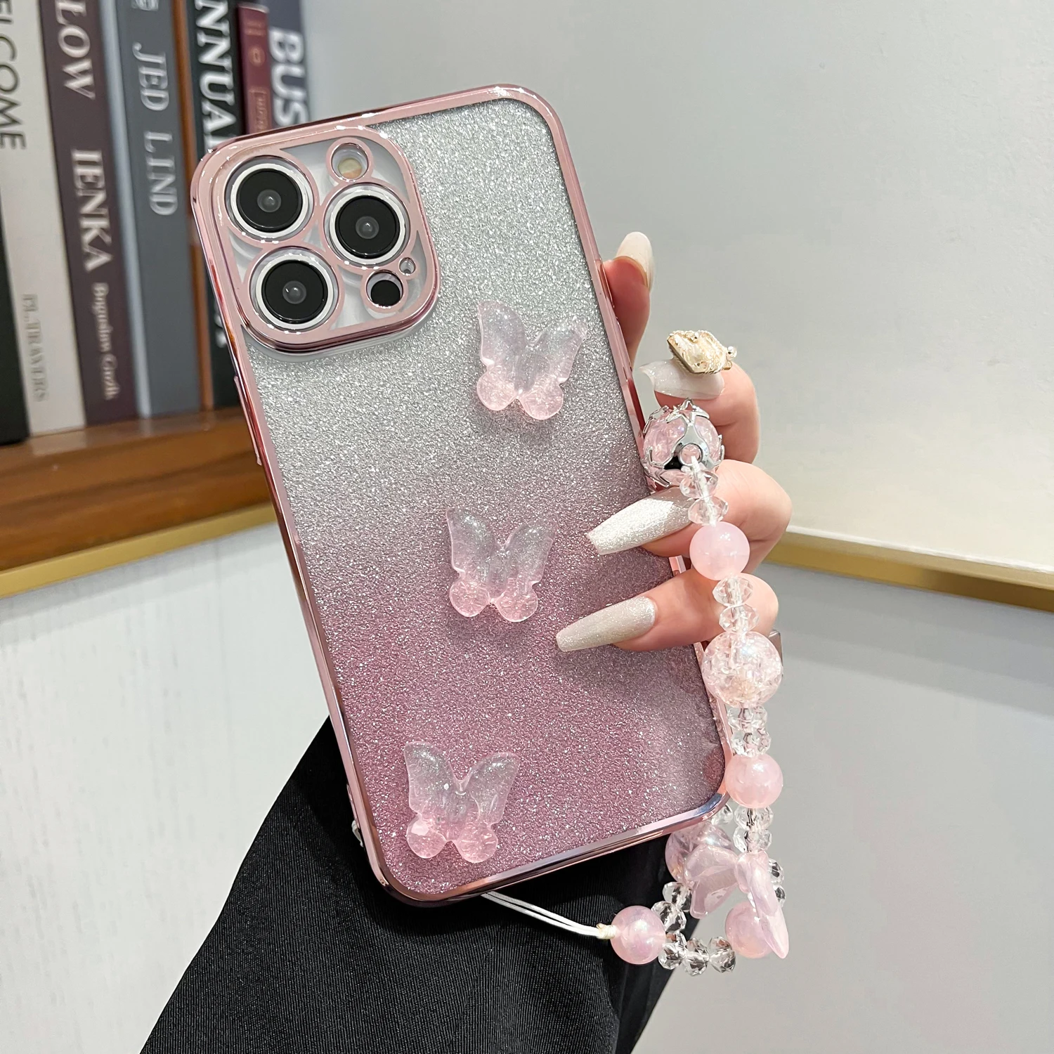 Three Butterfly Gilt Shiny Phone Case With Lanyard For iPhone 15 14 13 12 11 Plus Mini Pro Max X XS XR 7 8 Cover