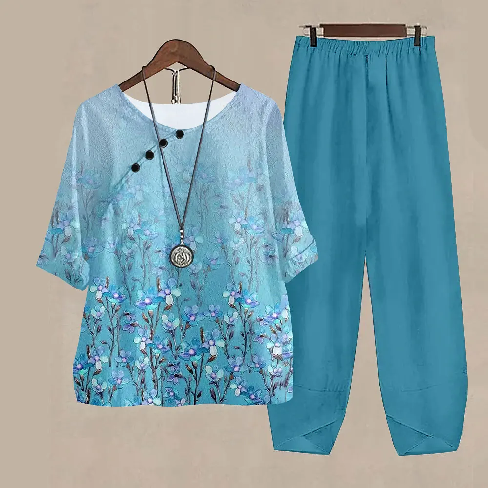 New Two Piece Sets Women O Neck Half Sleeve Suit Flower Print Elegant Ladies Tops Summer Female Outfits High Waist Loose Pants