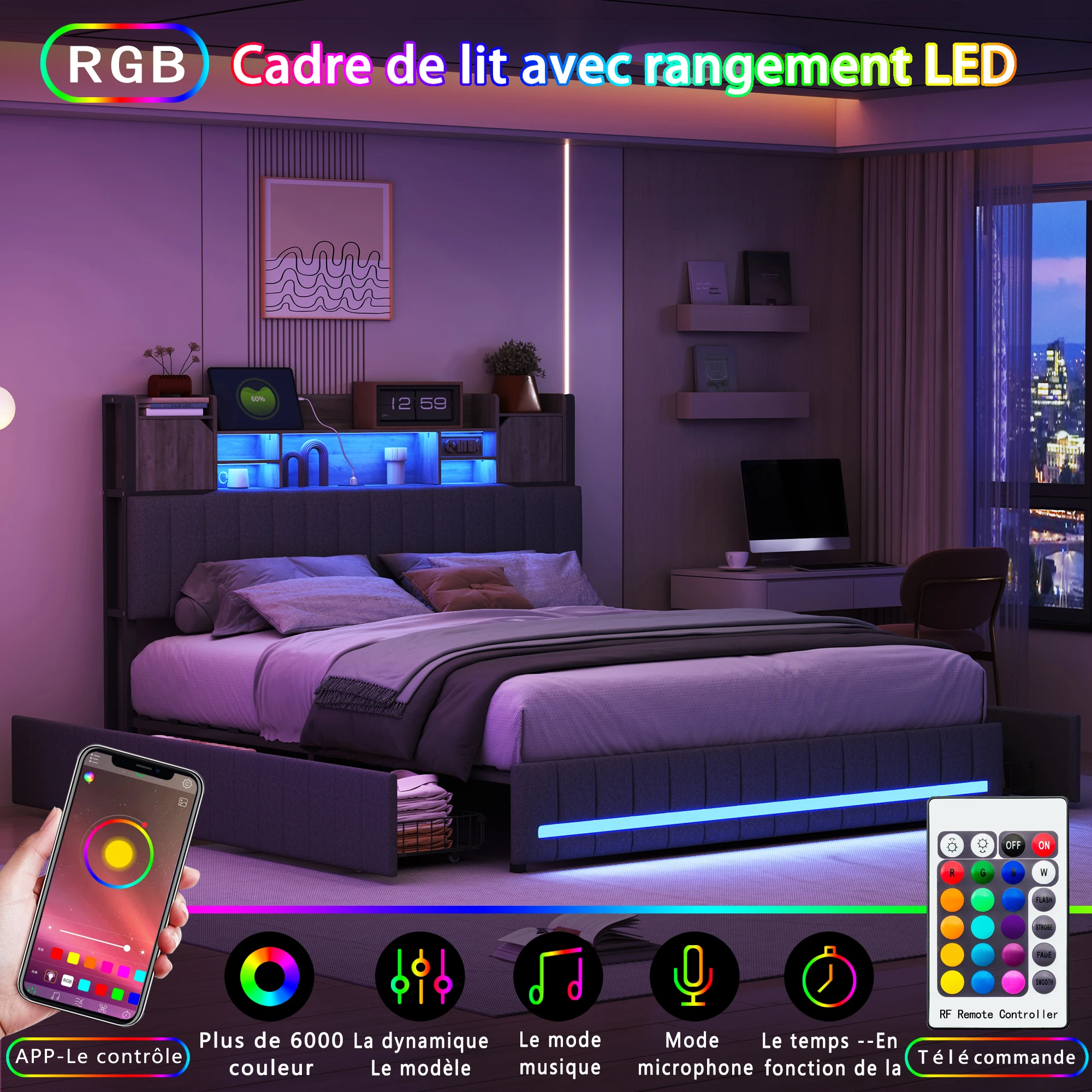 Base de Cama Doble Tapizada con 4 Cajones de Almacenamiento, Cama de Plataforma de Lino con Cabecero, Cama Moderna con Almacenamiento Sin Colchón