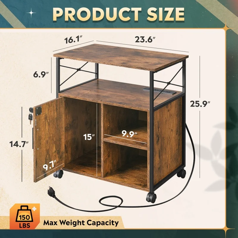 GALAXHERO File Cabinet Charging Station Lockable Lateral Filing Cabinet Office Printer Cabinet A4 Letter File Folders Rustic