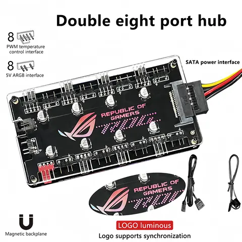 Dual 8-channel PWM ARGB Fan Hub; Supports 5V 3-pin/12V 4-pin Case Fans; SATA Powered; Magnetic Backplate; Illuminated Logo