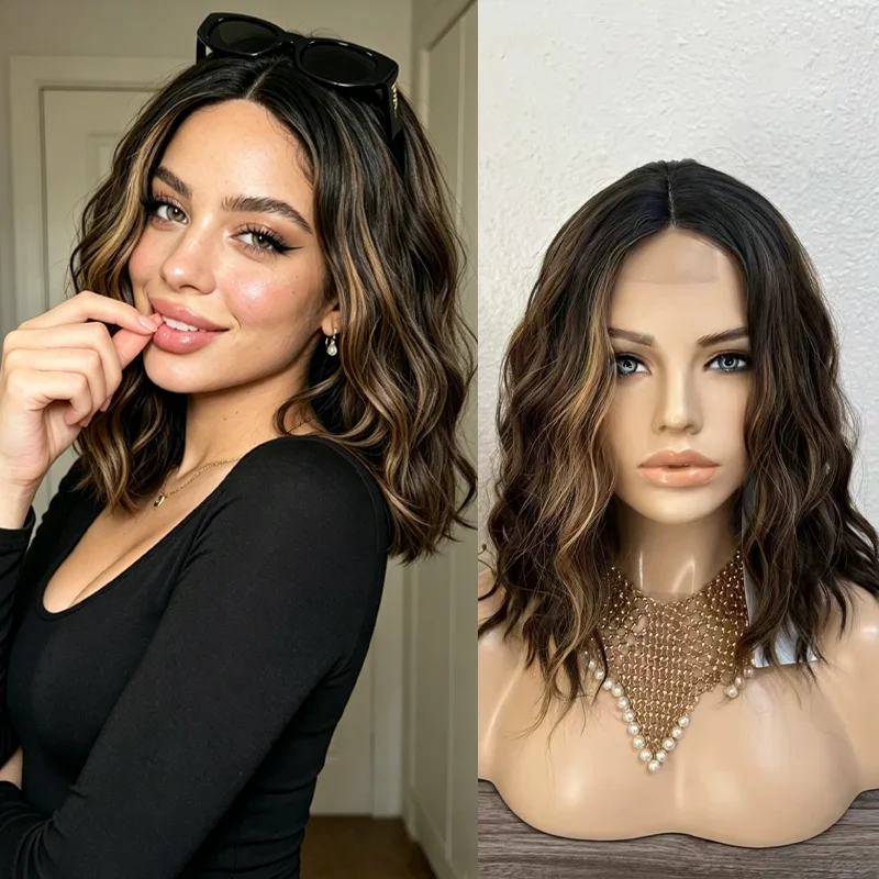 New13*4HD Brown Ombre Honey Blonde Highlight Lace Front Wig Heat Resistant short BOB Natural Looking Middle Part Daily Wear cool