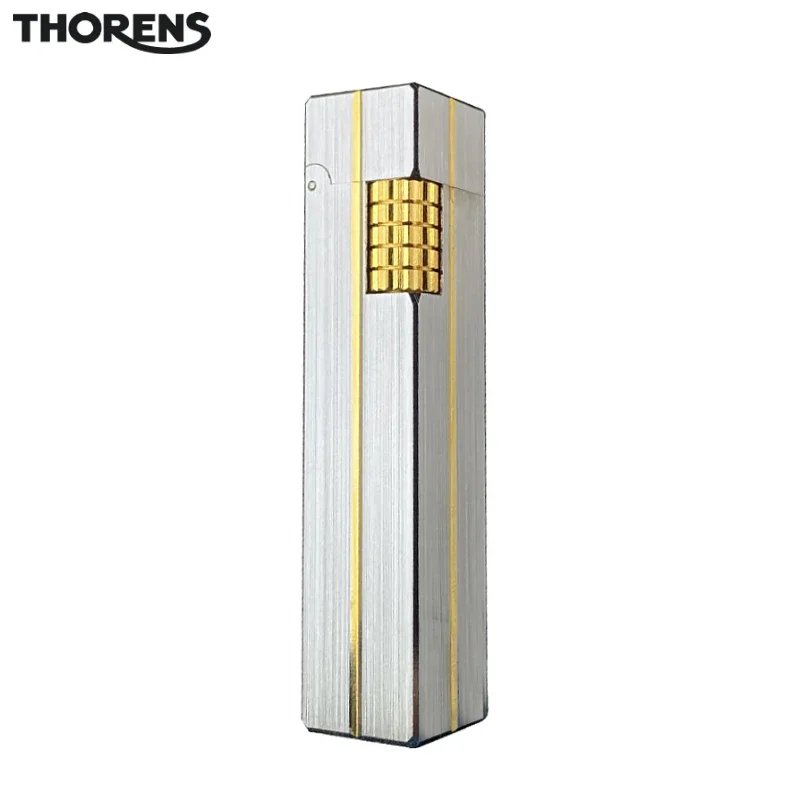 

THORENS square cylinder kerosene lighter features a side sliding wheel ignition and is handcrafted from brass, making it an idea