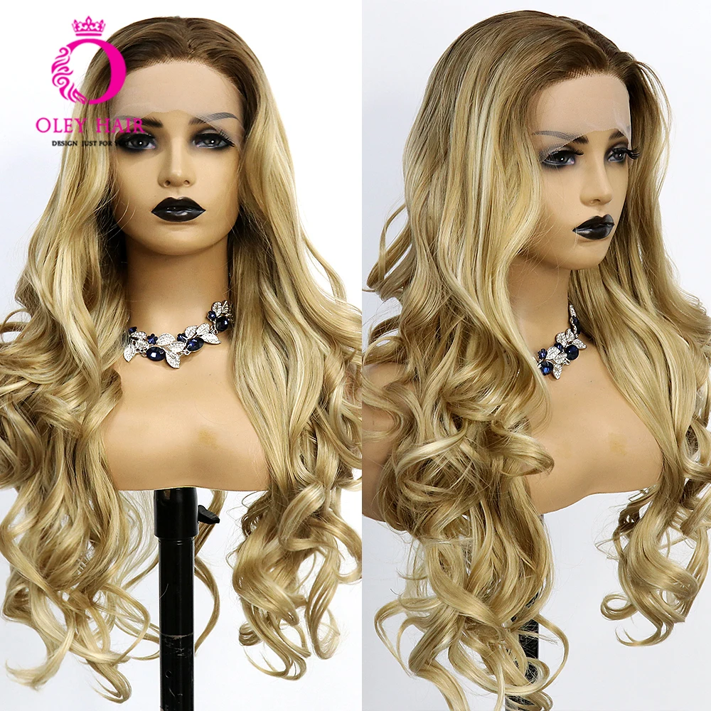 OLEY Blonde Brown Color Body Wave Synthetic 13x4 Lace Front Drag Queen Cosplay Wigs For Black Women Glueless Heat Resistant 180%