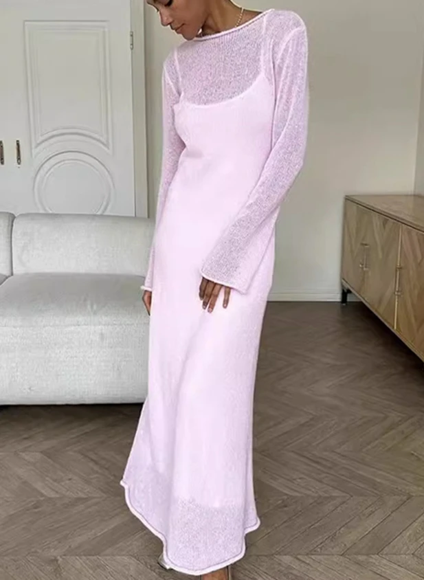 

2PCS Women's Sexy Long Sleeve Sheer Knit Dress Boho Beach Crochet Swimsuit Bikini Cover-Up Female Swimwear Robe