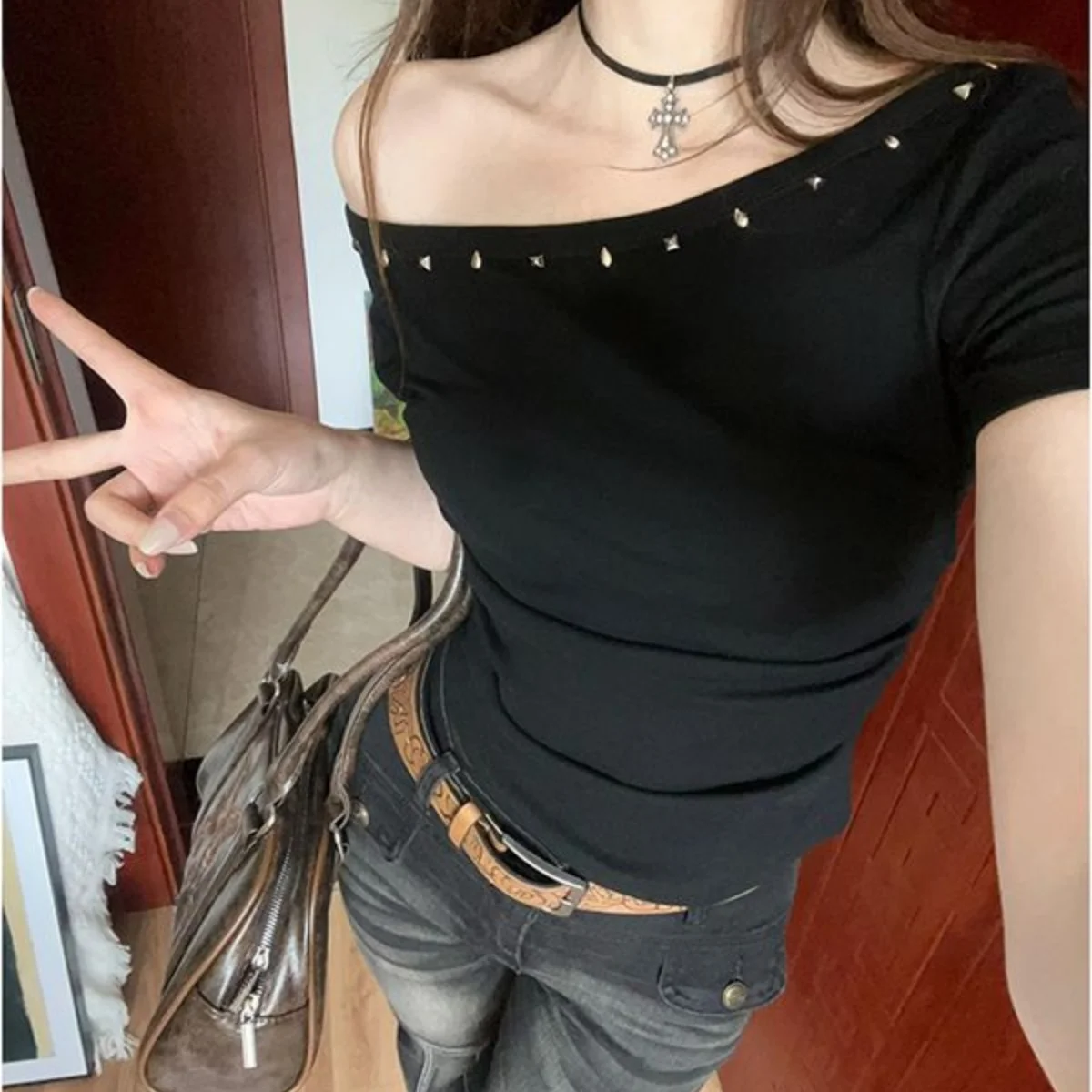 Y2K Damen One-Shoulder-Tops Einfarbig Schmal Geschnitten Schräger Ausschnitt Sexy Kurzarm-T-Shirts Modische Lässige Schwarze Oberteile