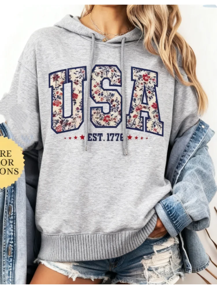 American Girl Shirt USA Est 1776 hoodie Comfort Colors Floral USA Hoodie Girly 4th of July Hoodie Patriotic Women Hoodie Flower