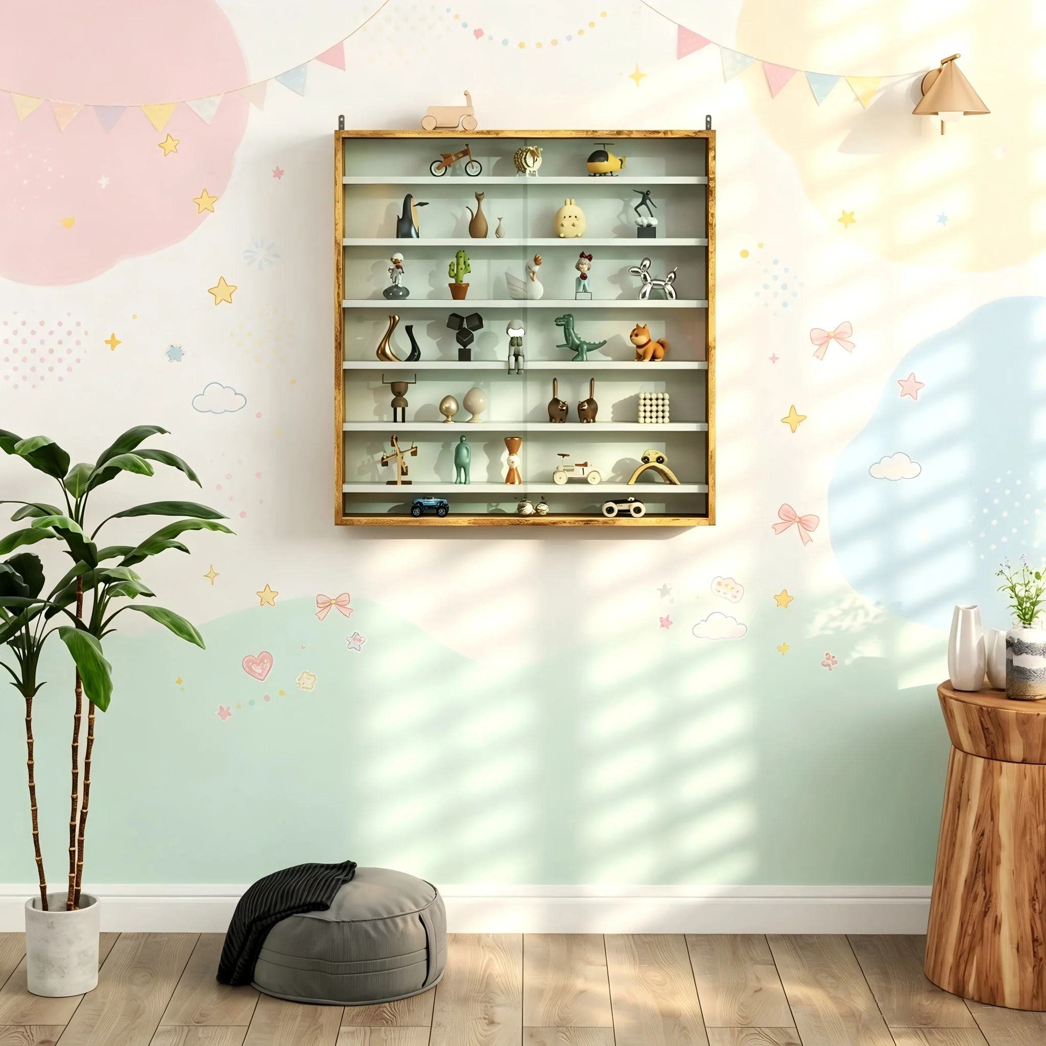 Vitrine murale, présentoir pour objets de collection avec effet bois naturel, portes coulissantes en verre et étagères réglables, vitrine murale pour figurines, miniatures, jouets, modèles et collection d'objets de décoration intérieure.