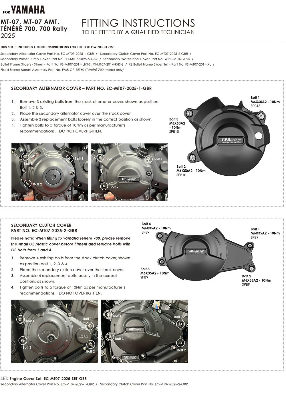GBRacing Engine Protection (Secondary Cover + Clutch Cover) – Made  2025 For Yamaha MT-07/MT-07 AMT/Ténéré 700/700 Rally