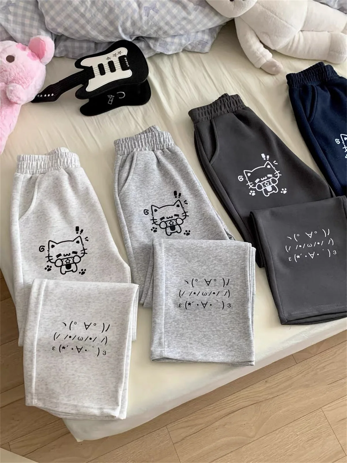 일본 와이드 레그 카고 팬츠 여성 만화 프린트 프레피 스타일 팬탈로네스 무헤르 Y2K 에스테틱 그런지 포켓 조거 팬츠 스웨트팬츠