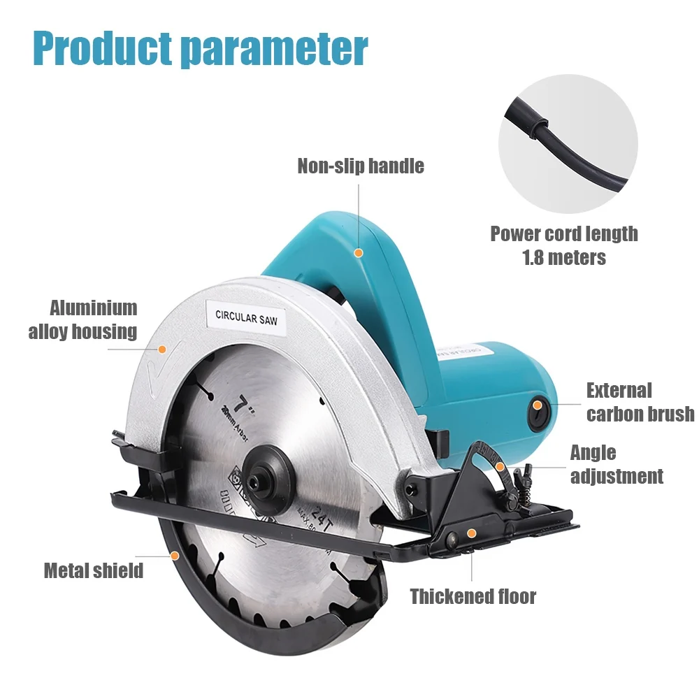 منشار دائري كهربائي بدون فرش 7 بوصة 1500 وات 0-45 °   أدوات قطع منشار كهربائي لحديقة النجارة قابلة للتعديل 220 فولت