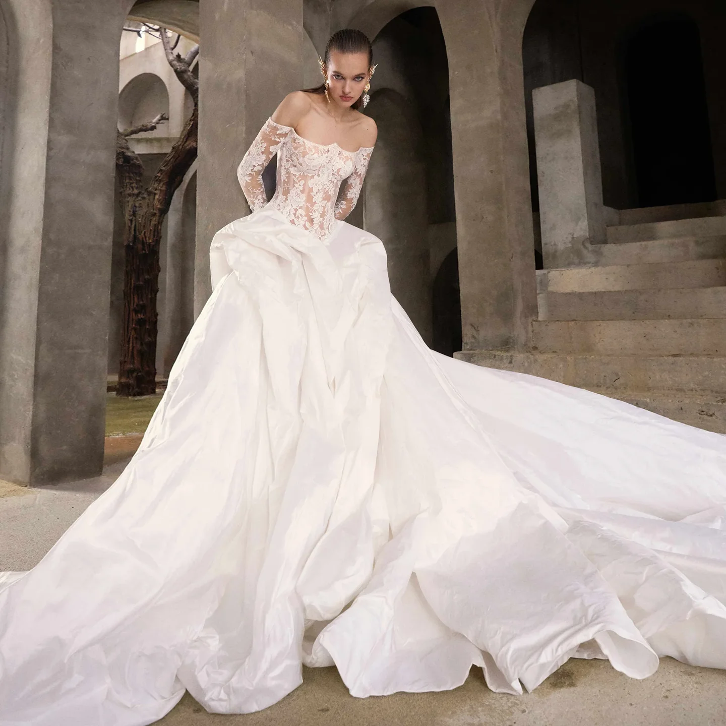 

Sharon Said Simple High Quality A-line Off White Taffea Wedding Dress 2025 Sweetheart Long Sleeve Bride Gowns SW321 Customized