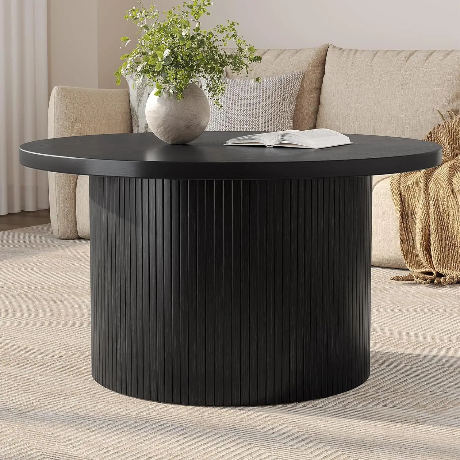 31.5" Modern Round Coffee Table Mid Century, Fluted Tambour Drum Design Engineered Wood Small Center Table for Living Room, Black