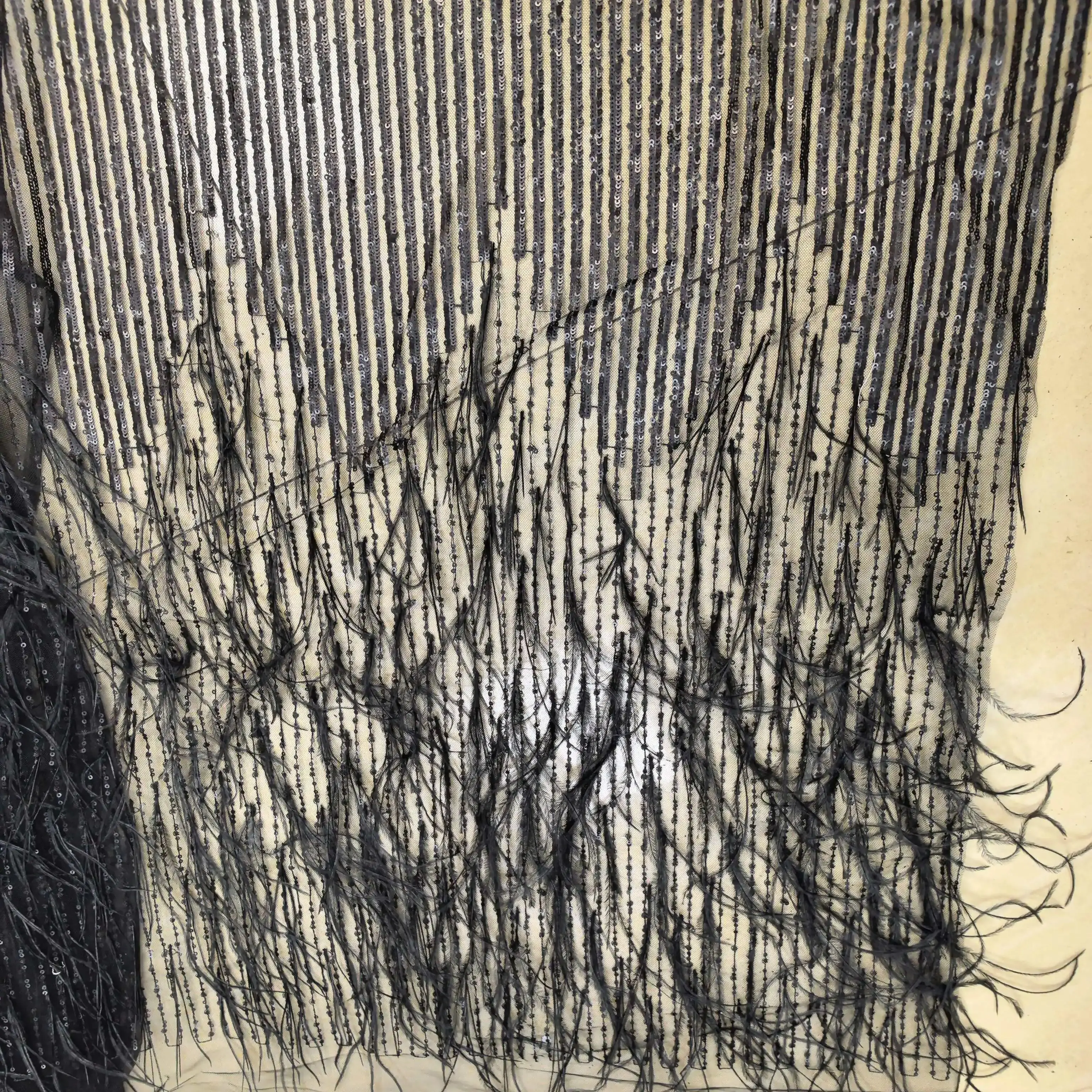 

1 Yard Black Lace Fabric with Ostrich Feather and Sequins Embroidery Bridal Wedding Dress Tulle Lace Fabric Sell By Yard