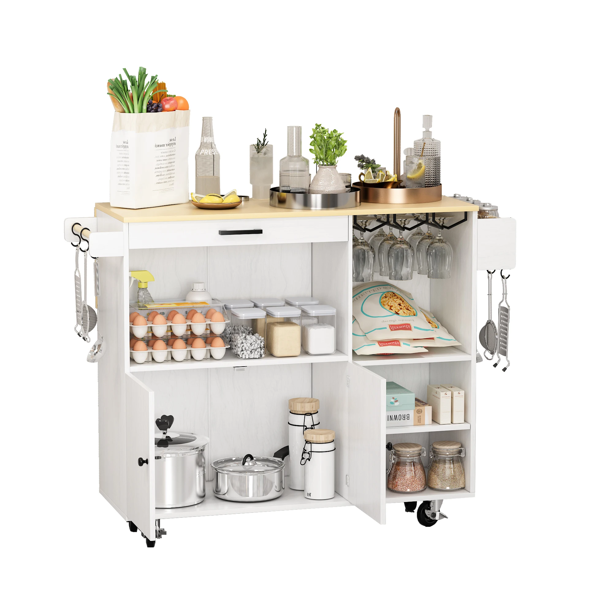 Kitchen Island with Folding Drop Leaf, Kitchen Table on Wheels with Cabinet & Wine Glass Holders Rack, Spice Rack and Towel Rack