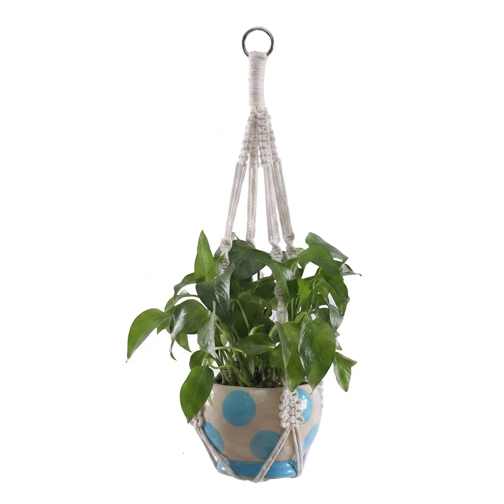 Macrame Plant Hanger, Bohemian Hanging Planter for Indoor & Outdoor Use, Cream Plant Fiber Macrame Hanger for Home Garden Decor