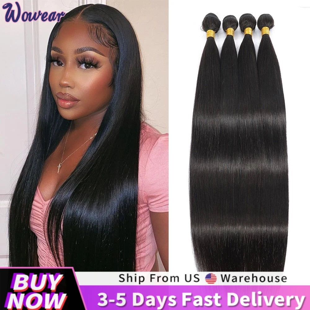 100% Natural Extensions Hair Straight Human Hair Bundles Deal Brazilian Remy Hair 24 26 28 30 Inch Lace Closure For Black Women