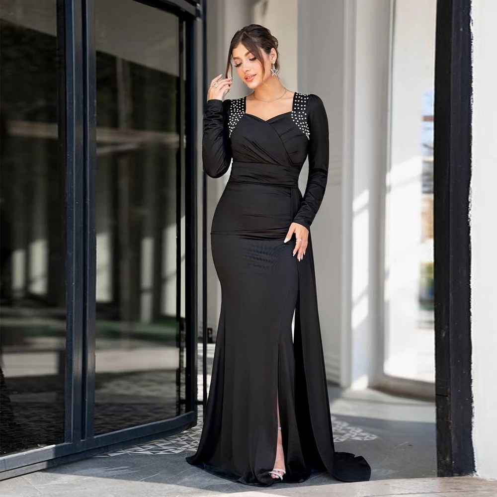 

Customized Elegant Evening Dresses with Slit Sweetheart Full Sleeves Luxury Party Dress Mermaid Beaded Black Long Prom Dress