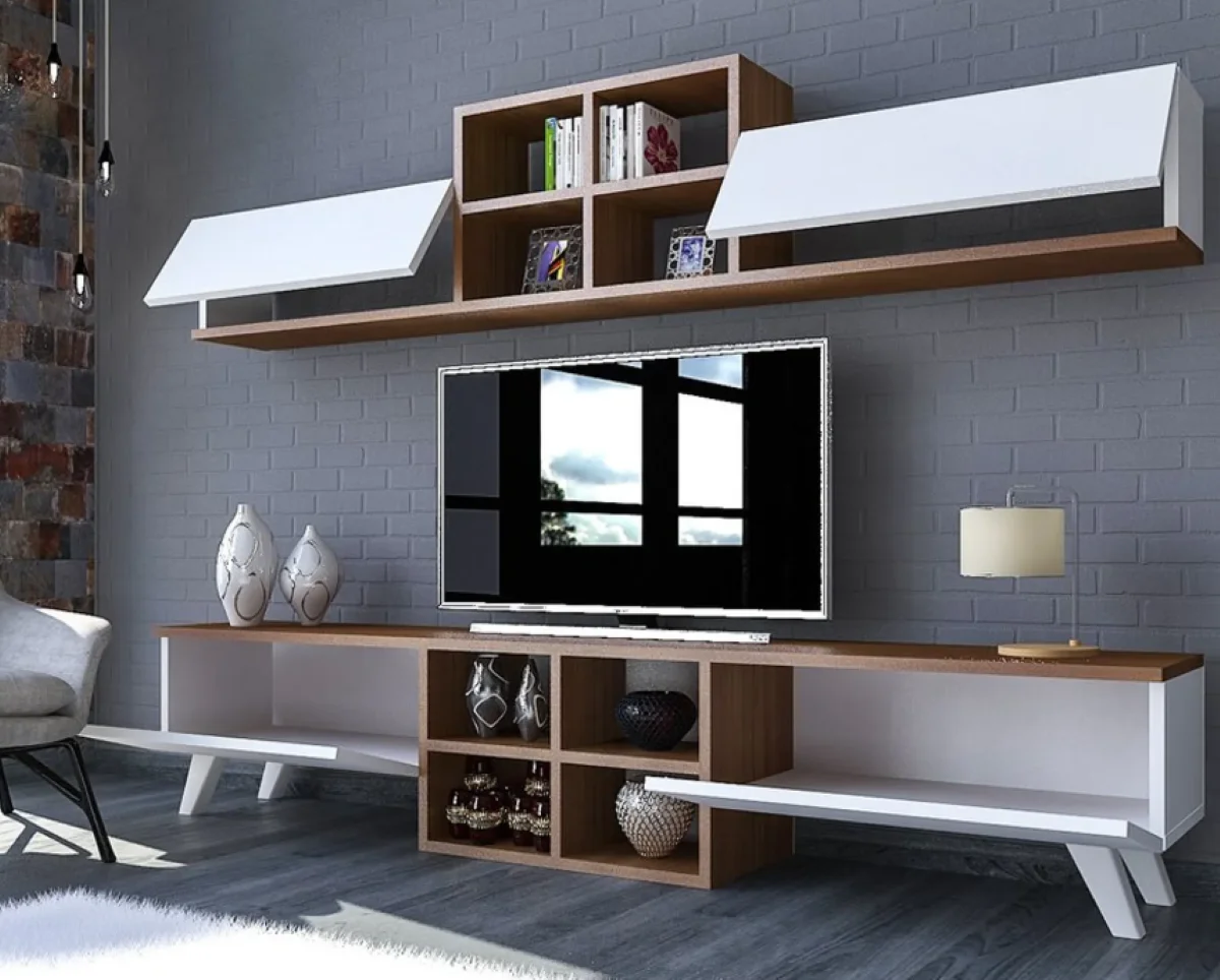 Ubbu Home White TV Unit-Modern Shelf Walnut