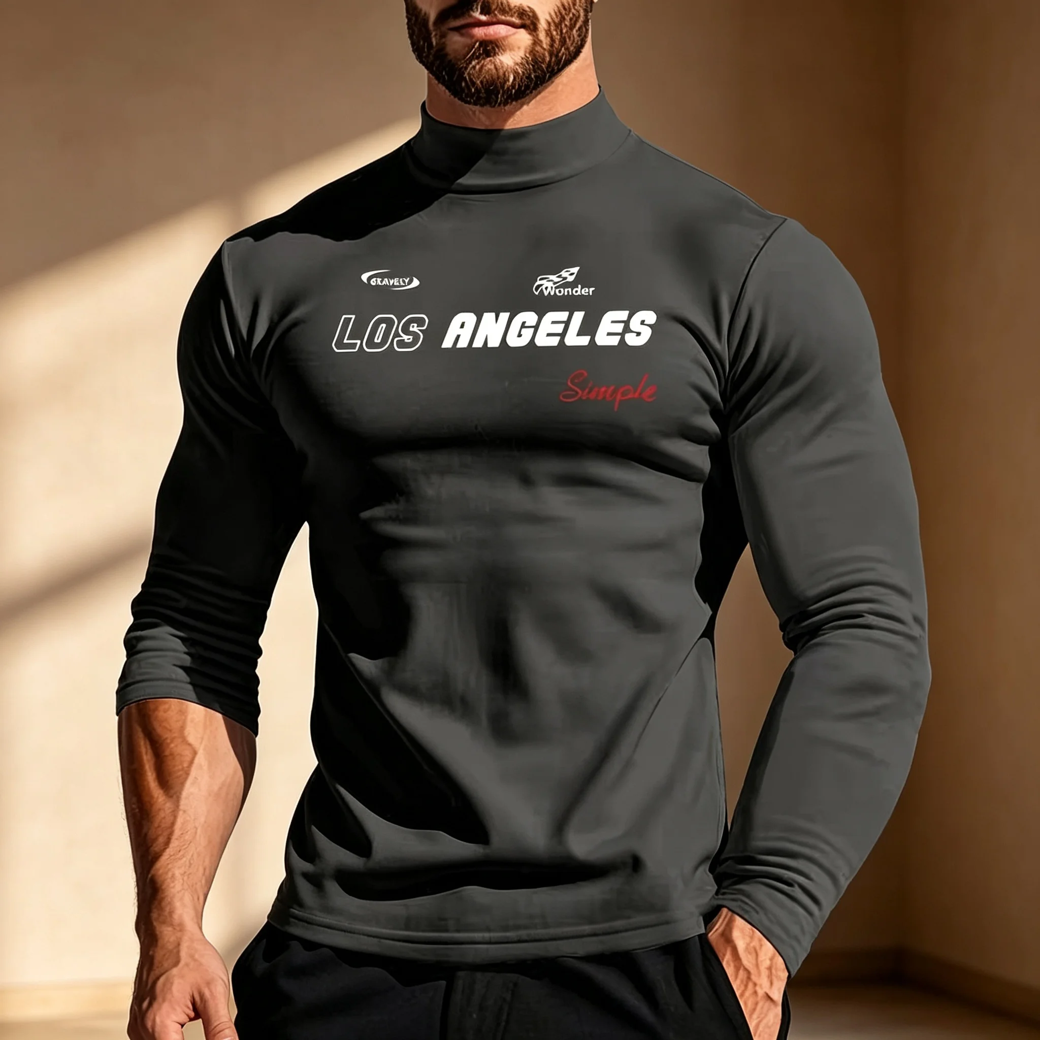 Herren Mock Neck Langarm-Thermoshirts mit Los Angeles-Schriftzug, dehnbar, eng anliegend, als Basisschicht, lässiges warmes Unterhemd für den Herbst. – Detail 6