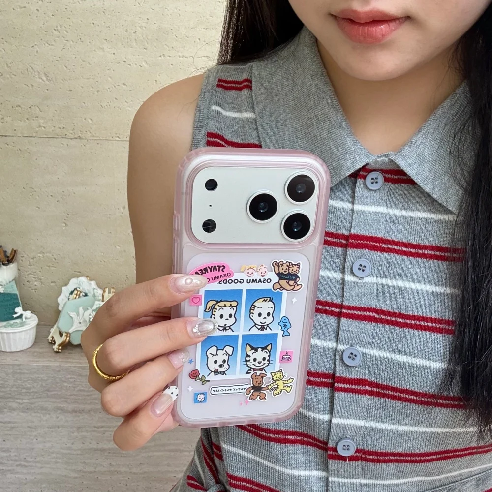 

Korean INS Cartoon Sticker Phone Case for iPhone 17 Pro 15 16 17 Pro Max 15 16 Pro Fashion Cute Pink Transparent Shockproof Case
