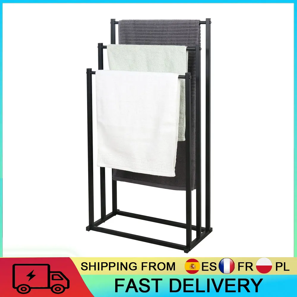 Porte-serviettes sur pied à 3 niveaux, robuste et antidérapant, imperméable et antirouille, gain de place, support de serviettes en métal pour salle de bain moderne et simple, porte-serviettes pour