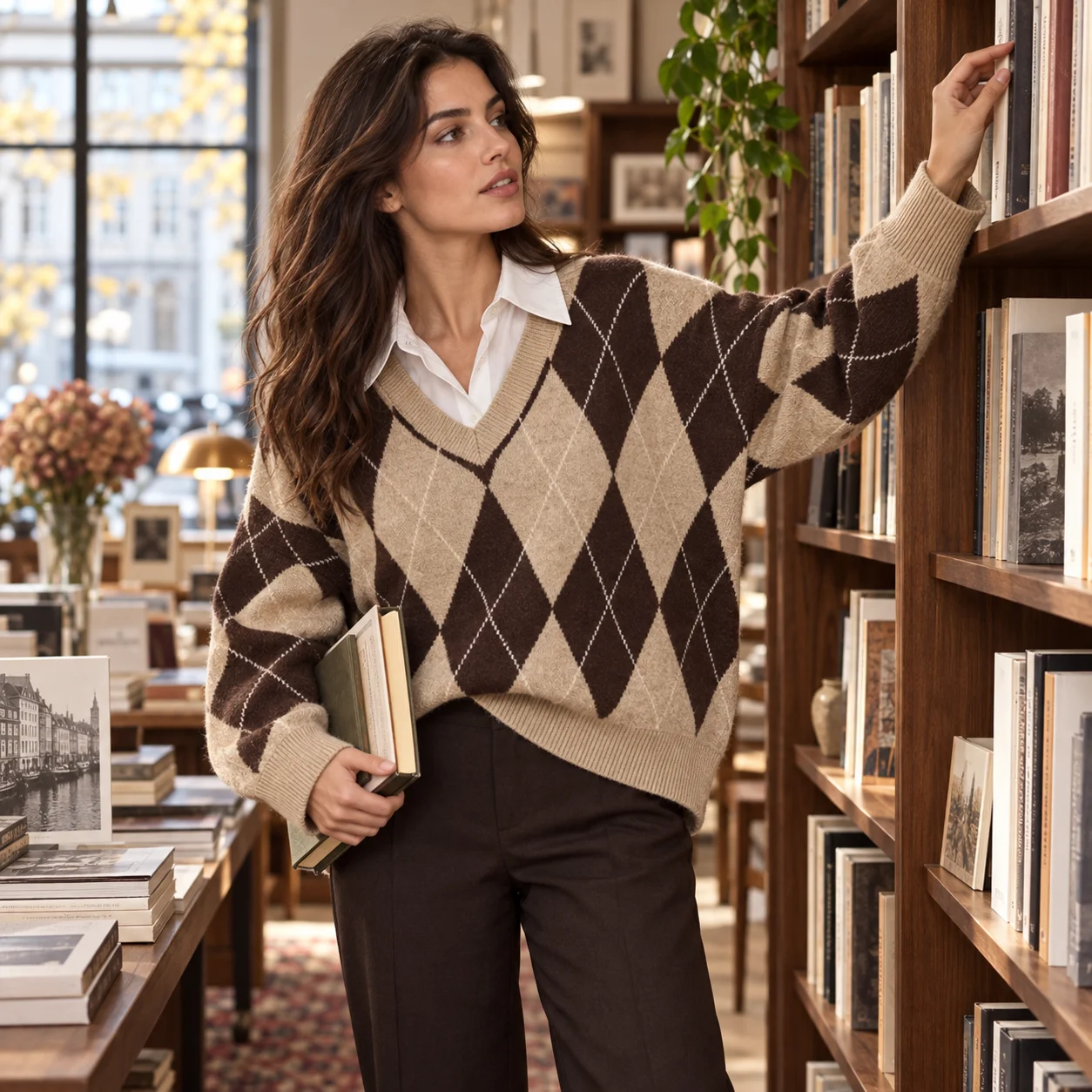 Maglione Donna Falso Due Pezzi Collo Camicia, Maglia a V con Motivo Rombo, Taglio Ampio, Maglieria Morbida, Stile Preppy Elegante, Indumenti Autunno Inverno, Perfetto per Uso Quotidiano e Uscite 2239