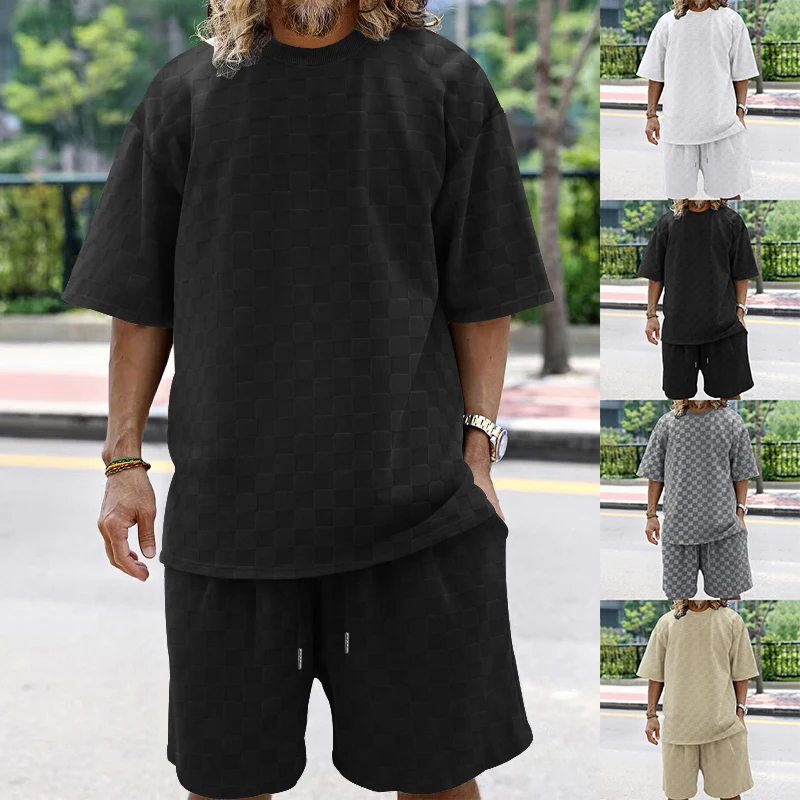 2024 NEW Summer Towel plaid crew Men neck short-sleeved top and shorts Fashion Casual Oversize Men\'s Short Sleeve Shorts Suit