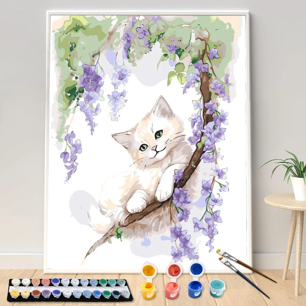 Hand Painted Cartoon Kitte Landscape  Painting by Numbers Seascape DIY Acrylic Artwork Canvas Art Gift Dropshipping Kit Home