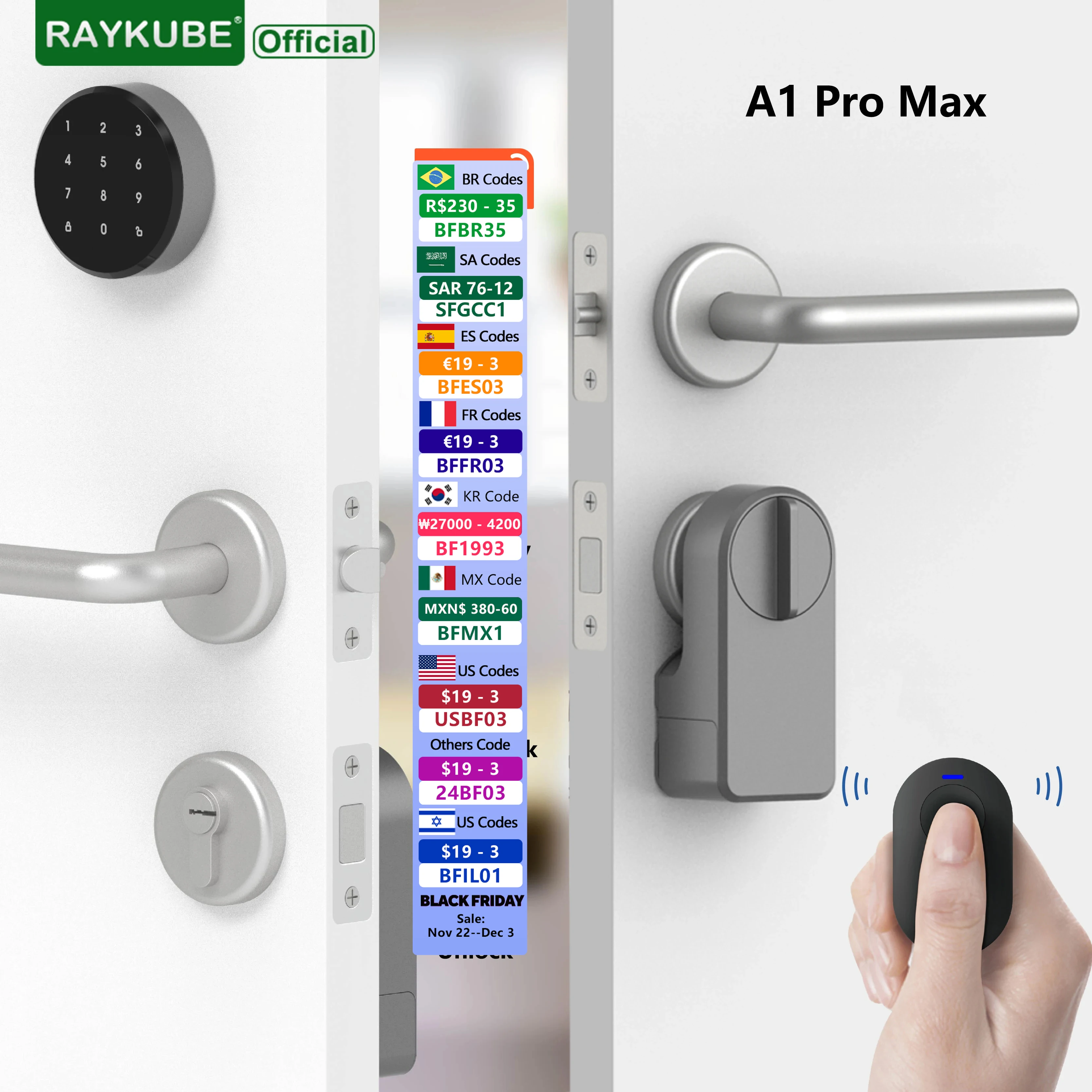 RAYKUBE A1 Pro Max Tuya BEL Smart Electronic Door Lock Set with Fobs/Wireless Keypad/Smart Key Smart Life/Tuya APP Remote Unlock