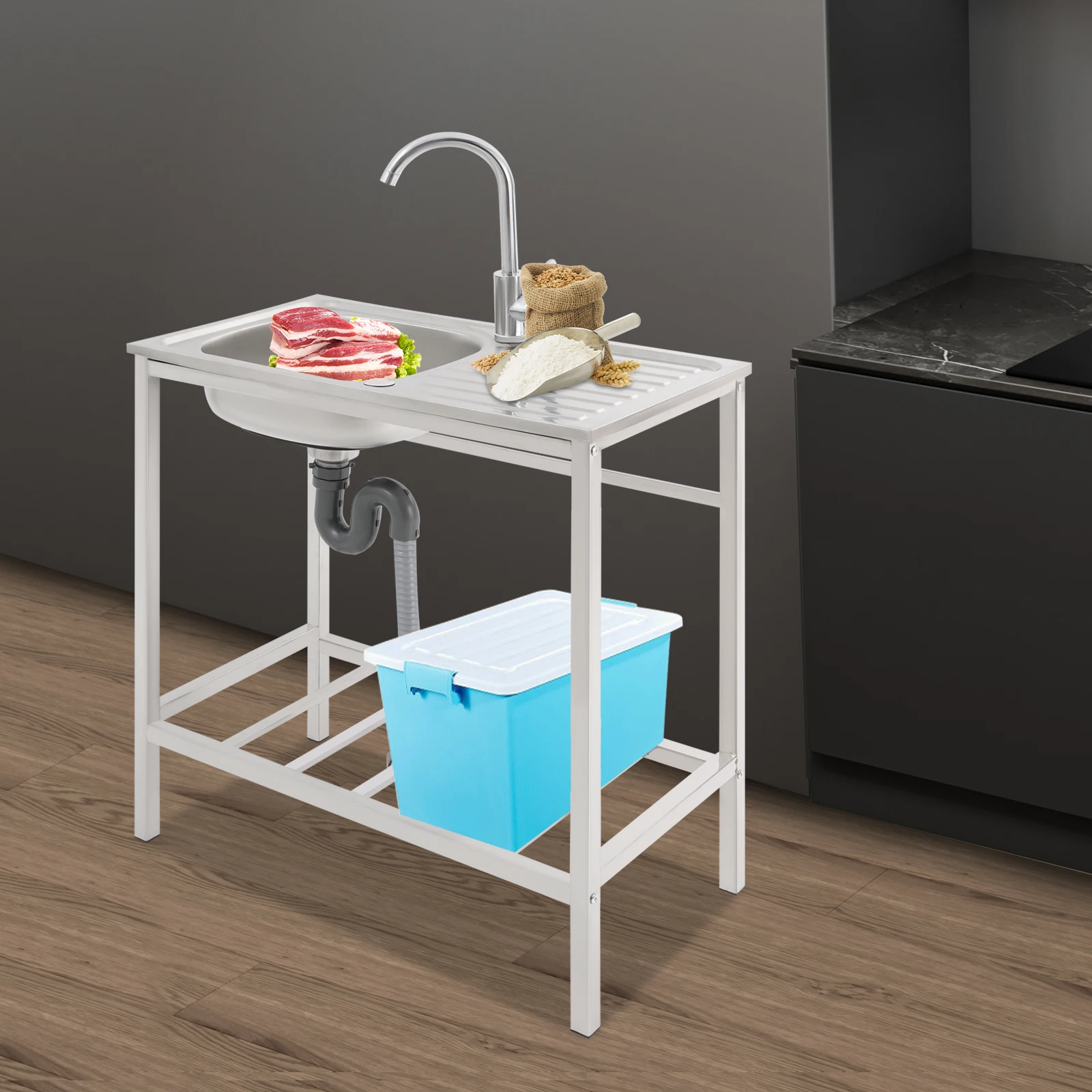Free Standing Sink with Operation Countertop and Bottom Shelf, Massive Capacity Kitchen Single Bowl Sink 360° Rotatable Faucet