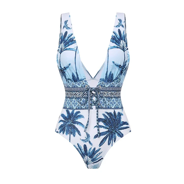 Women onepiece Swimsuit Set  V Neck Lace Up  Palm Tree Print  Swimwear Bathing Suit Bikini Monokini  2024 Summer 2pcs