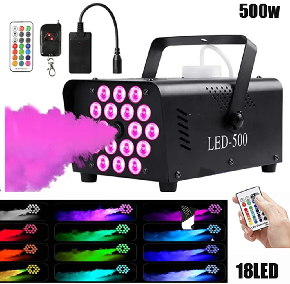 500 واط/1500 واط آلة لصنع الدخان RGB 18LED مختلط اللون آلة الضباب مع جهاز التحكم عن بعد المرحلة قاذف الدخان للحزب DJ ديسكو هالوين