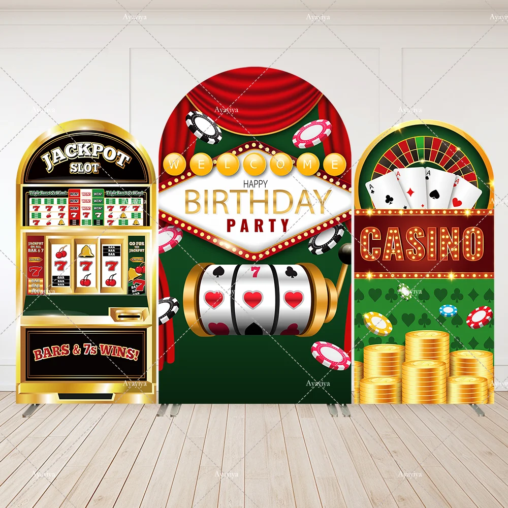 Las Vegas Casino noche tema fiesta arco telón de fondo pared niño fiesta de cumpleaños cubierta arqueada fondo fotografía Banner de 2 caras