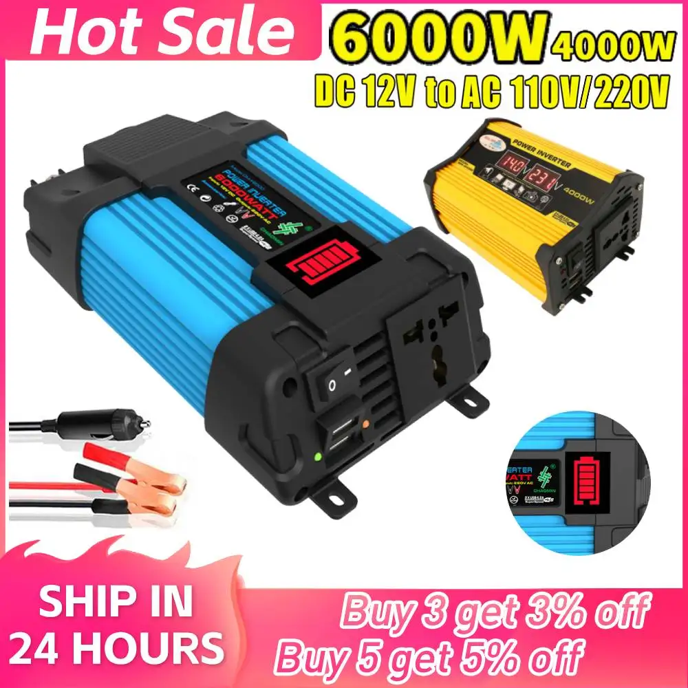 6000W/4000W Car Inverter 12V to 220V/110V Modified Sine Wave Dual USB Power Inverter Transformer Converter for Automobile RV