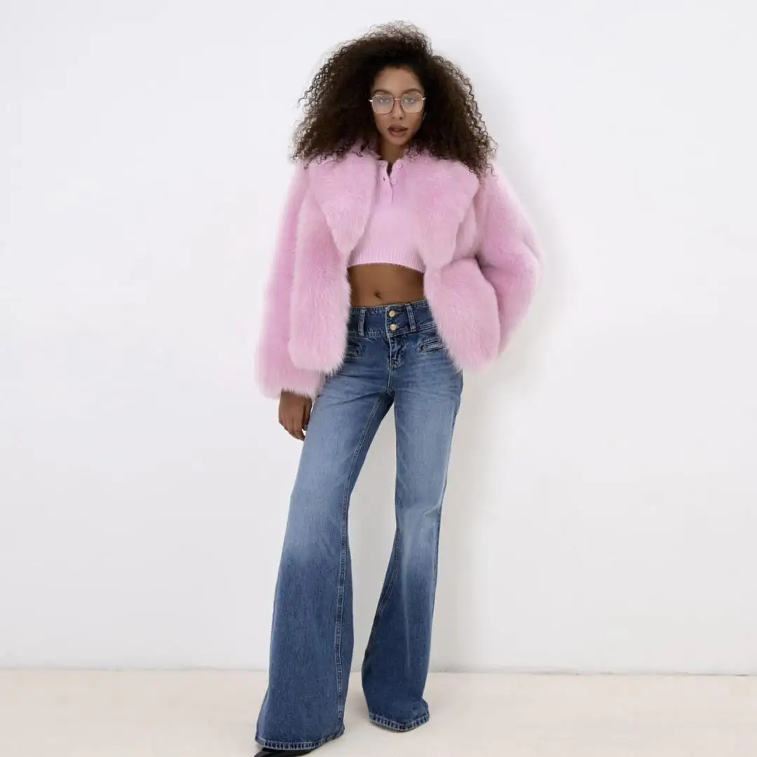 Light Pink Natural Fox Fur Jacket with Turn-down Collar Higt Street Woman Genuine Fox Fur Coat Wholeskin Fur Overcoats Luxury