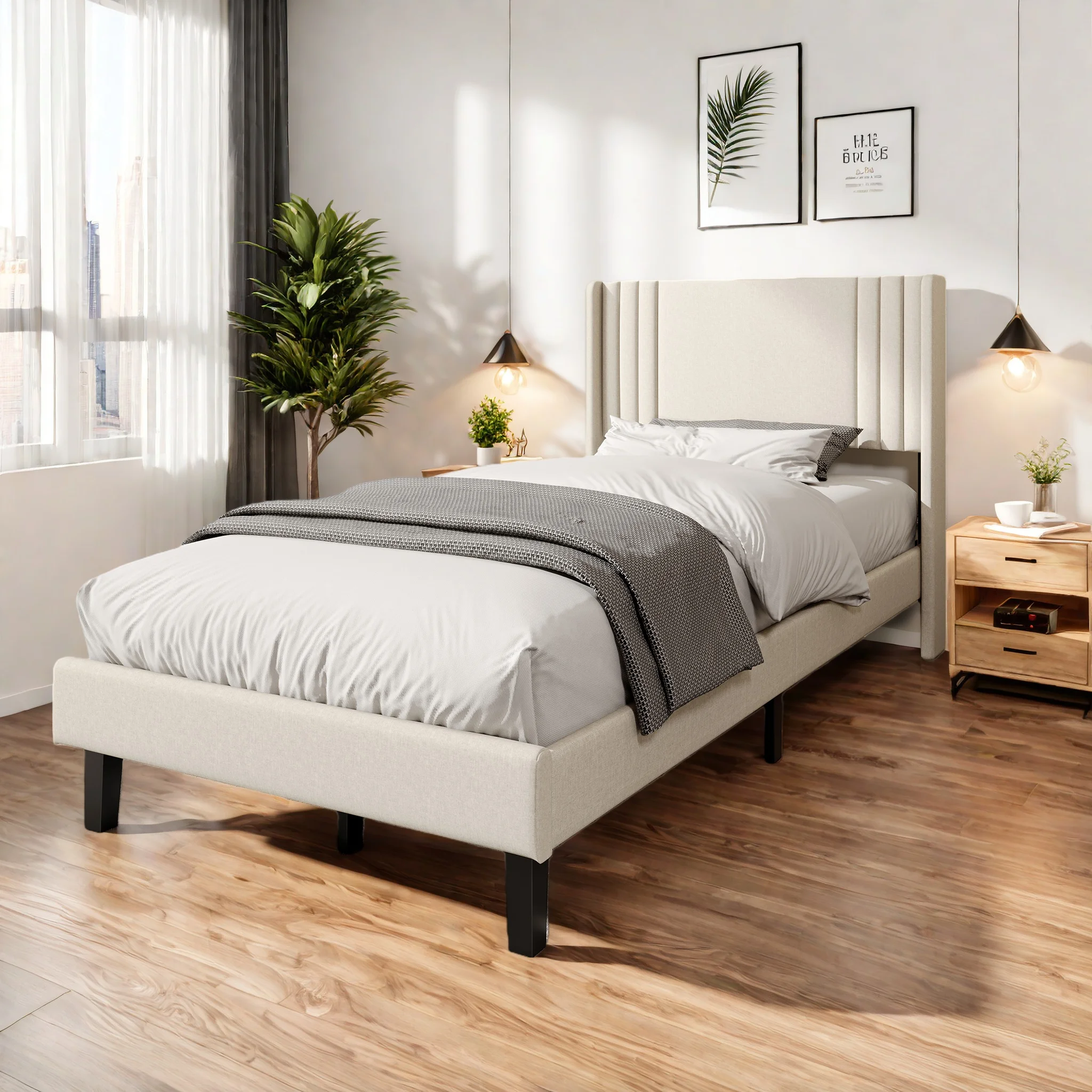 Lit simple capitonné 90 x 200 cm, cadre de lit avec sommier à lattes et tête de lit, lit enfant, lit capitonné beige et gris, lin, sans matelas