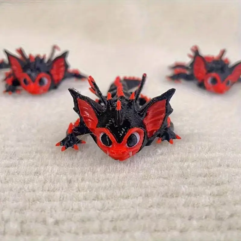 3D Printed Cute Bat Dragon Figurine - Black and Red Mythical Creature Desktop Decoration, Perfect Gift for Teens and Adults, Col view 3