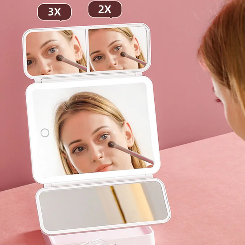 Dreifach faltbarer LED-Schminkspiegel, 3-Ton-Lichter, tragbarer, kompakter Desktop-Kosmetikspiegel, 2-fache/3-fache Vergrößerung, drehbarer, beleuchteter Schminkspiegel