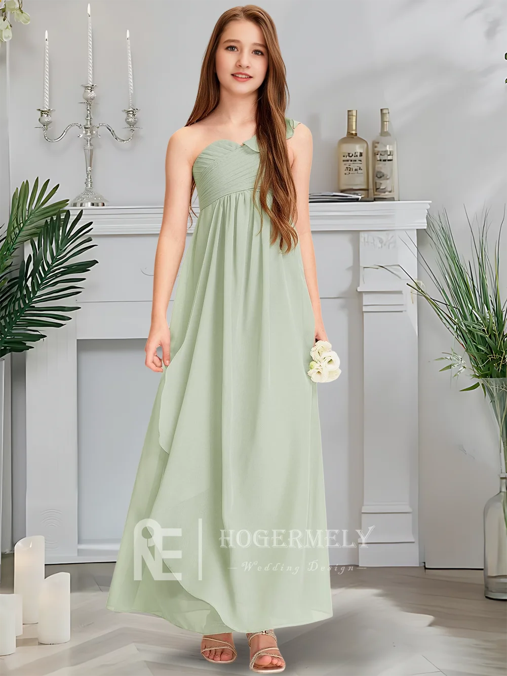 หรูหราหนึ่งไหล่ชุดเพื่อนเจ้าสาวจูเนียร์ Twilight Mauve ดอกไม้สาวชุดยาวชีฟอง Cascading Ruffles งานแต่งงาน