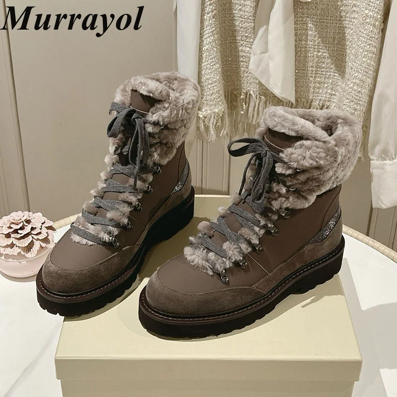 Snow Boots Women Real Leather Wool Lining Flat Thick Bottom Short Boots Winter Round Toe Lace Up Mid Calf Booties Vacation Shoes view 4