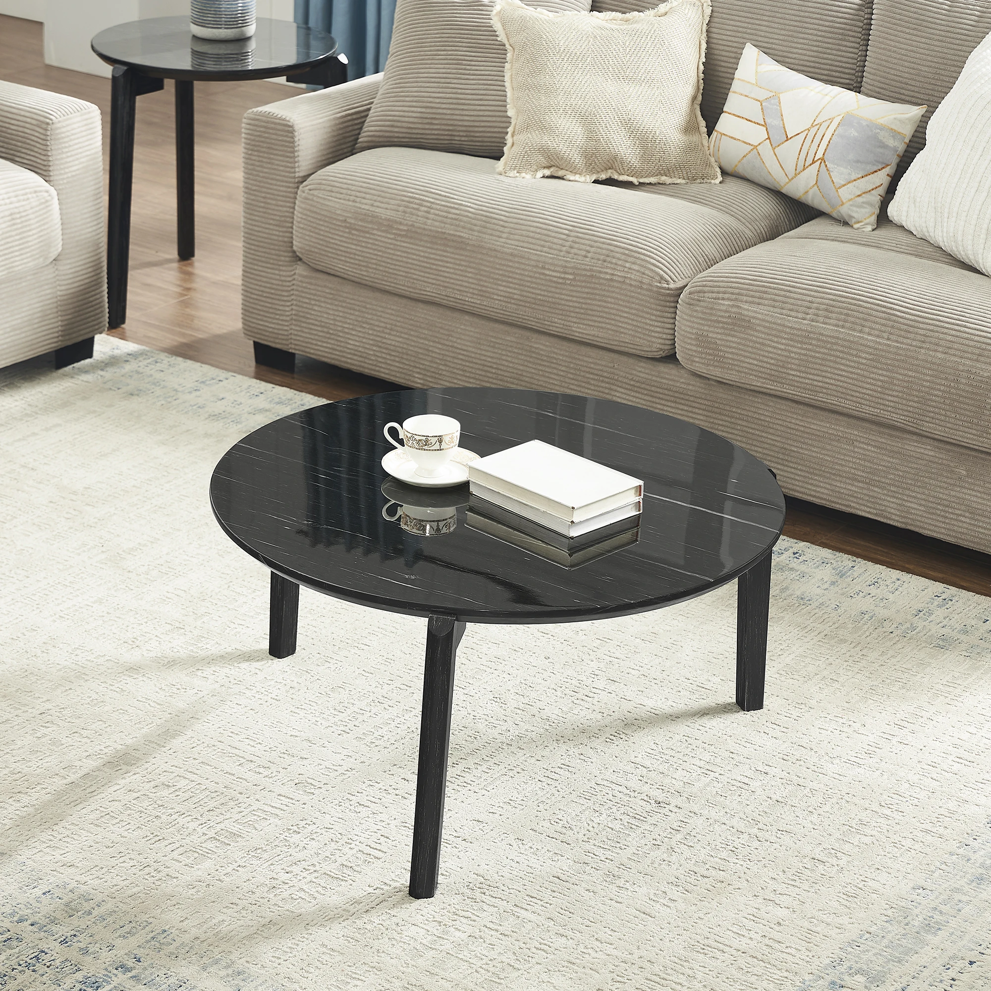 

36-inch round coffee table, modern and stylish, imitation marble tabletop and rubber wood solid wood legs, wooden coffee table,