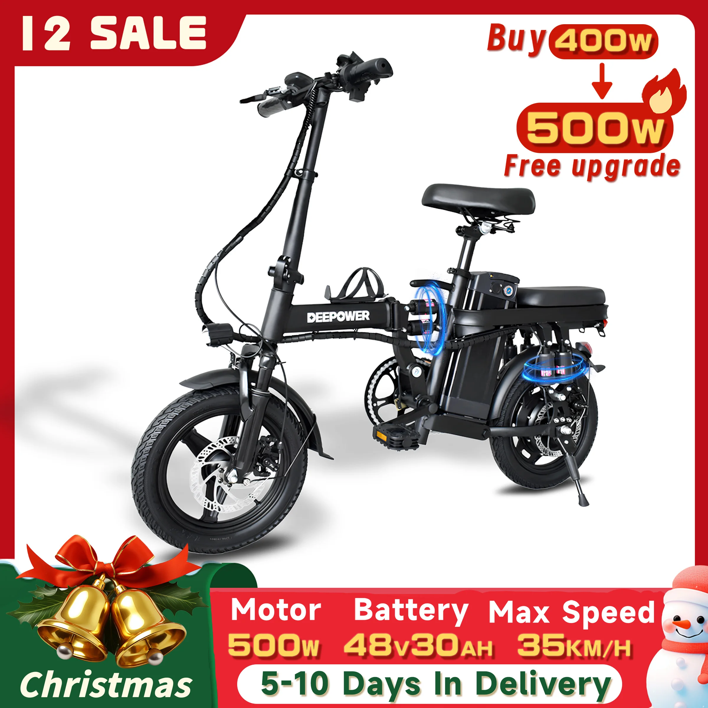 DEEPOWER K306 400W Adults Electric Bike 48V 30AH E-bike 35KM/H Max Speed Removable Battery City Riding Commuting Foldable Ebike
