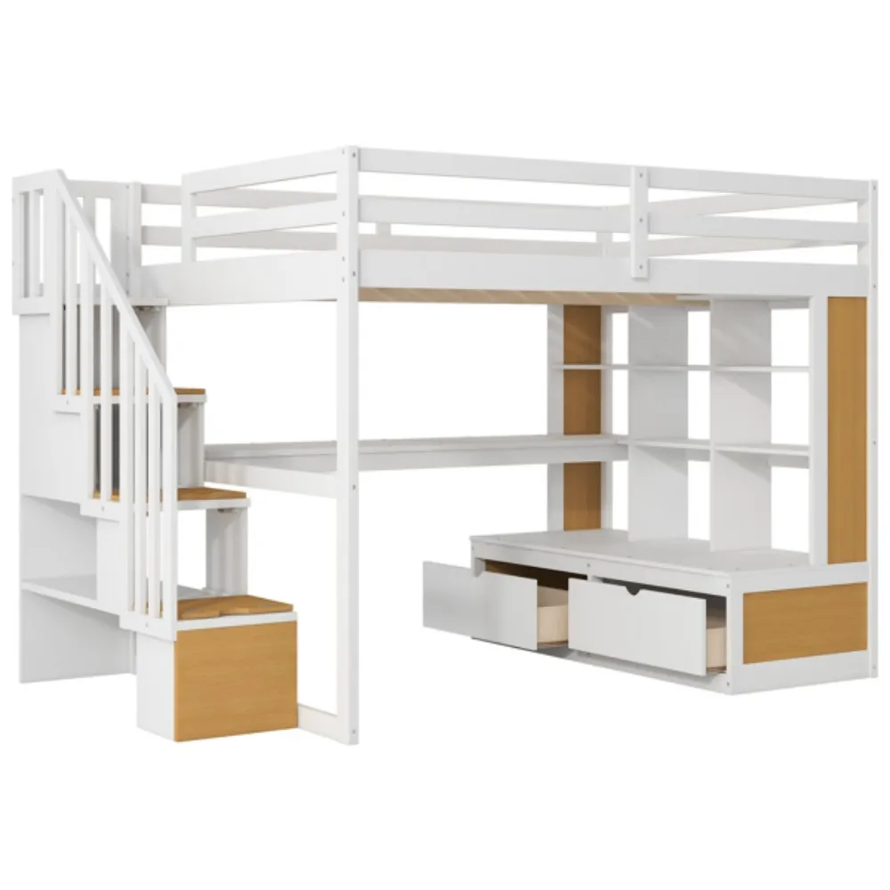 Full Size Loft Bed with Desk Drawers Storage Staircase Suitable for school dormitories and children's bedrooms can store desks