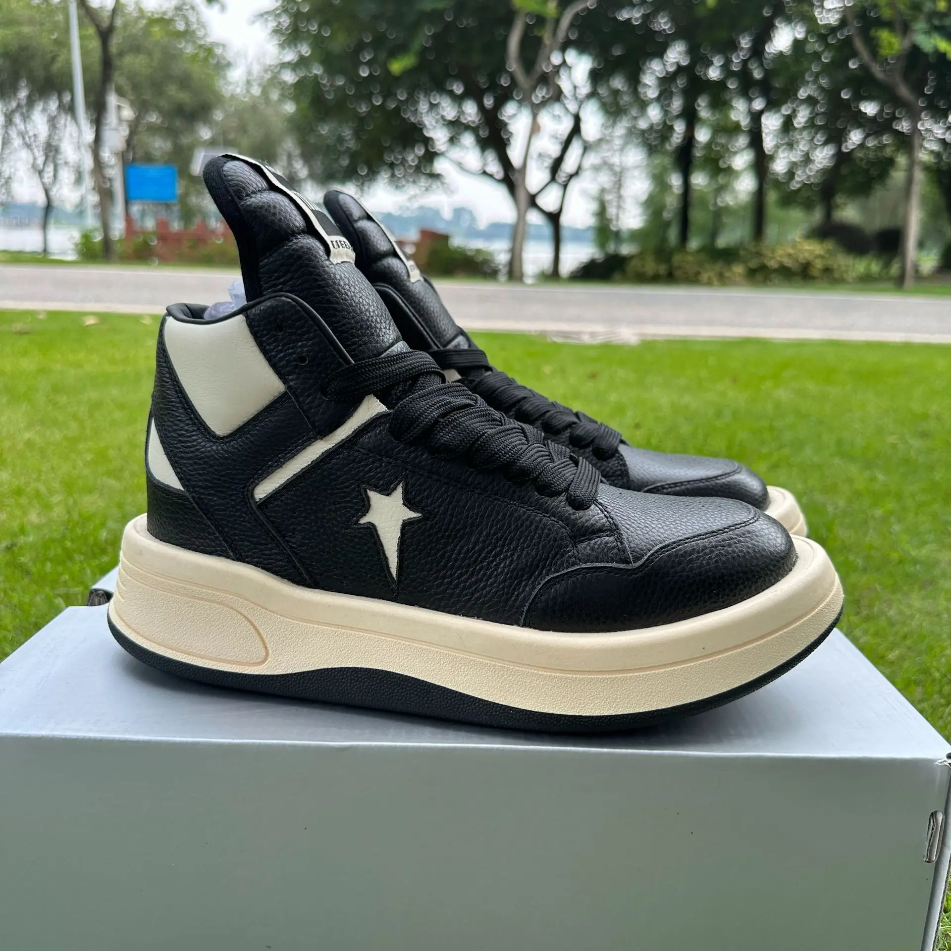 full grain leather high top white sneakers breathable comfy thick sole versatile casual shoes in stock view 3