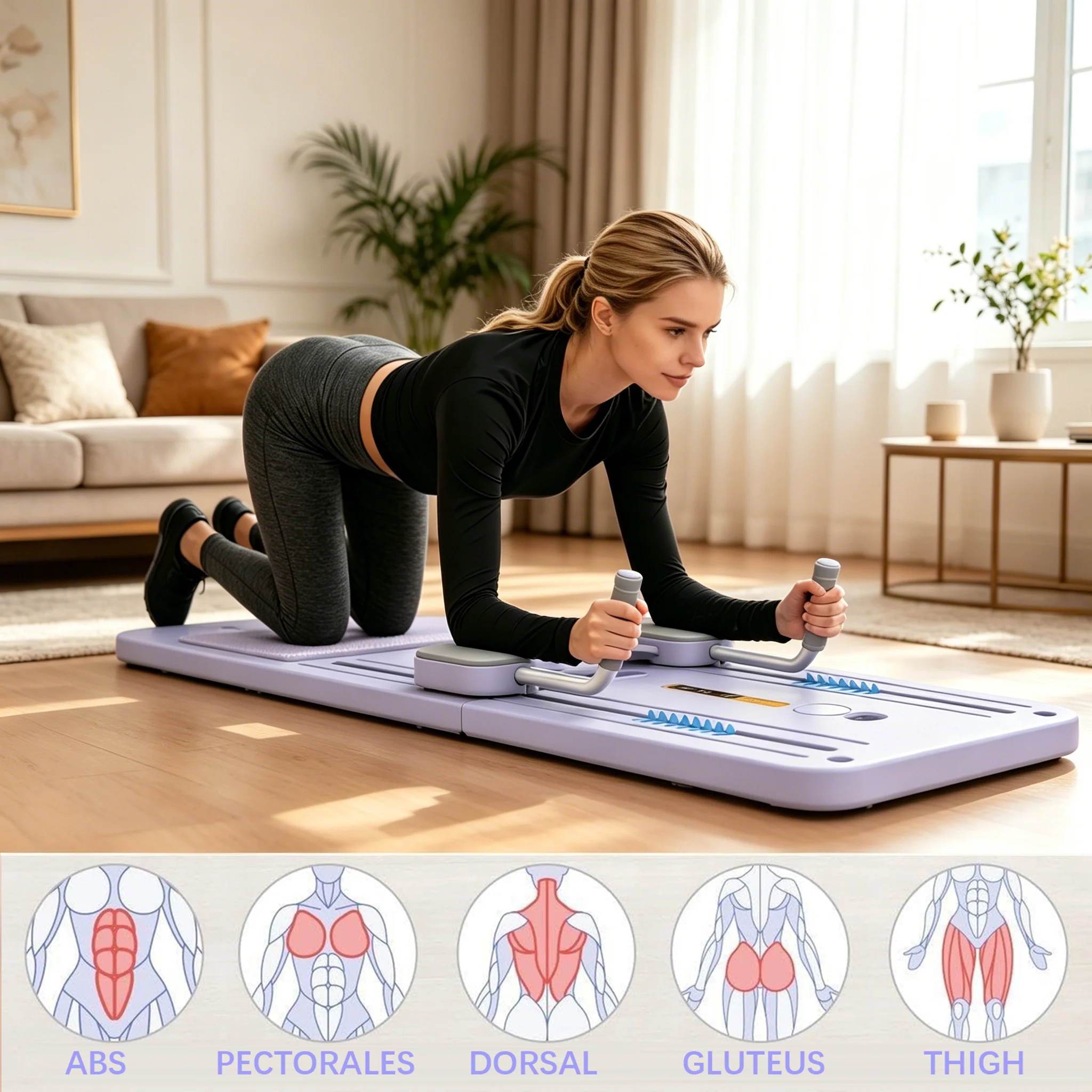 Planche de Pilates pliable multifonction, entraînement multifonctionnel du tronc avec technologie de rebond automatique, protège-coudes en EVA, poignées en mousse souple, support de téléphone avec