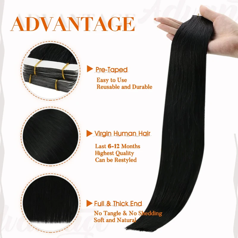 Straight Tape In Hair Extensions Natural Black Remy Hair Extensions Tape In 50g Per Pack Seamless Natural Hair 16-26Inch #1B