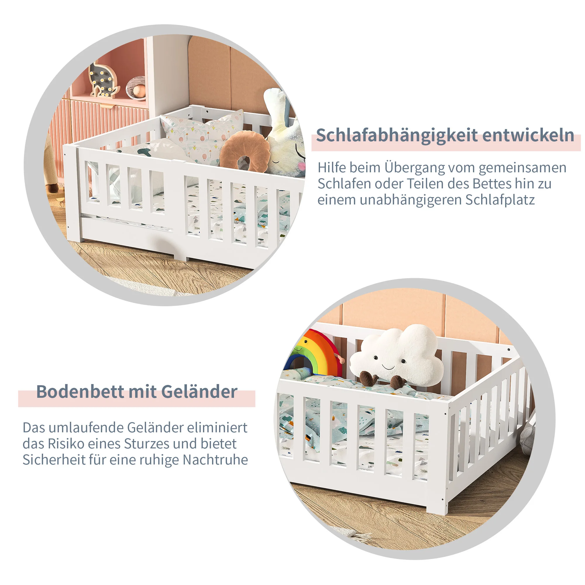 Picture 7: Superaly Children's Bed 90x200cm,Floor Bed with Fall Protection & Slatted Frame,Single Bed,Wood Bed Frame,Bed Cot,White