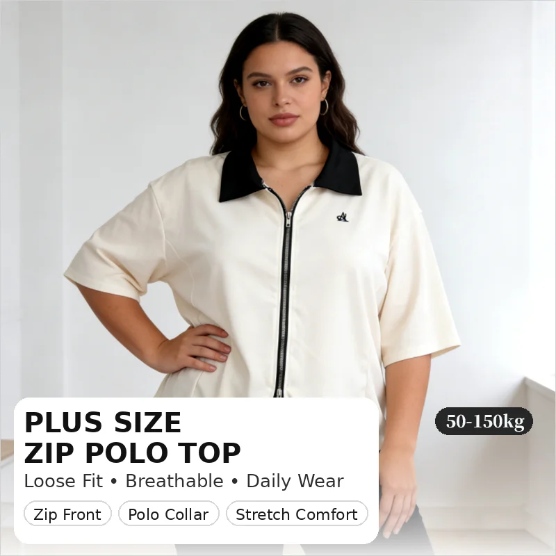 

Женская футболка-поло большого размера с половиной молнии спереди и короткими рукавами, свободный крой, дышащий повседневный летний топ, 50-150 кг